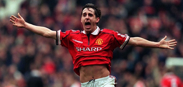 Gary+Neville+celebrates+victory+after+Manchester+United+beat+Liverpool+2-1+in+1999